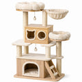Arbre à chat en bois et peluche crème avec niches
