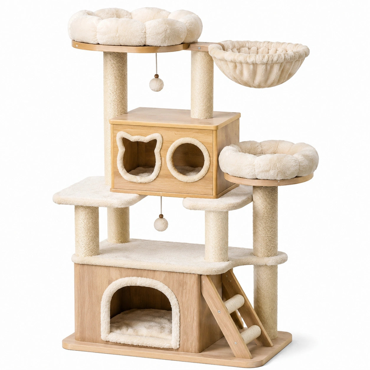 Arbre à chat en bois et peluche crème avec niches