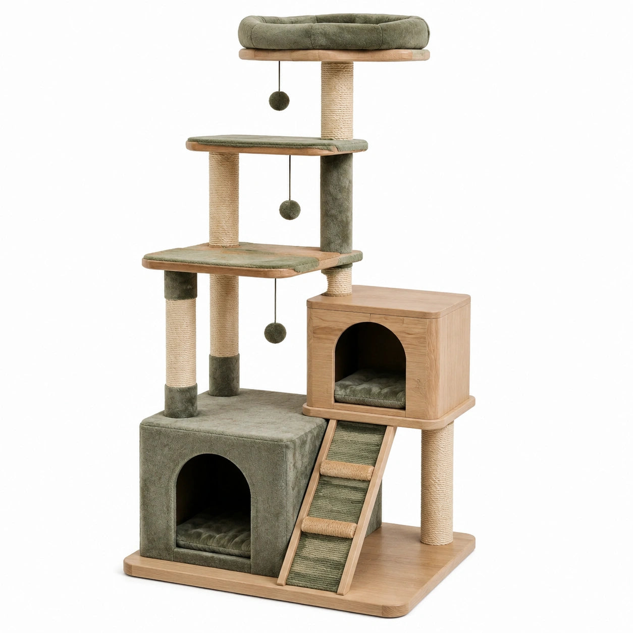 Arbre à Chat en Bois et Sisal, 4 Niveaux, Vert et Bois Naturel