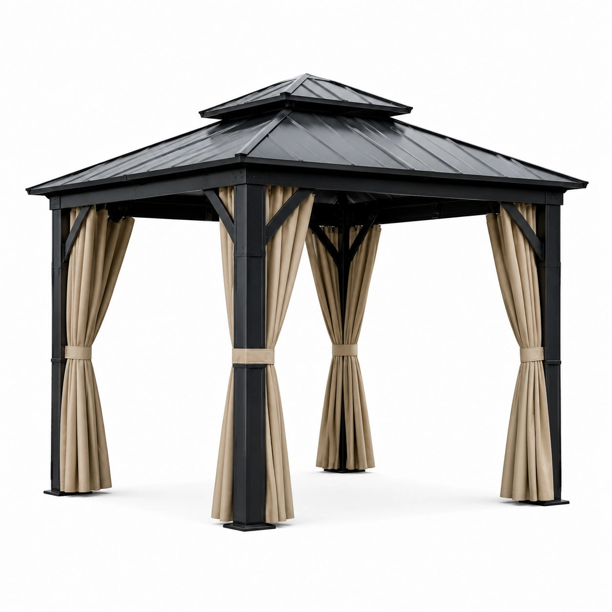 Pavillon en métal noir avec rideaux en polyester beige