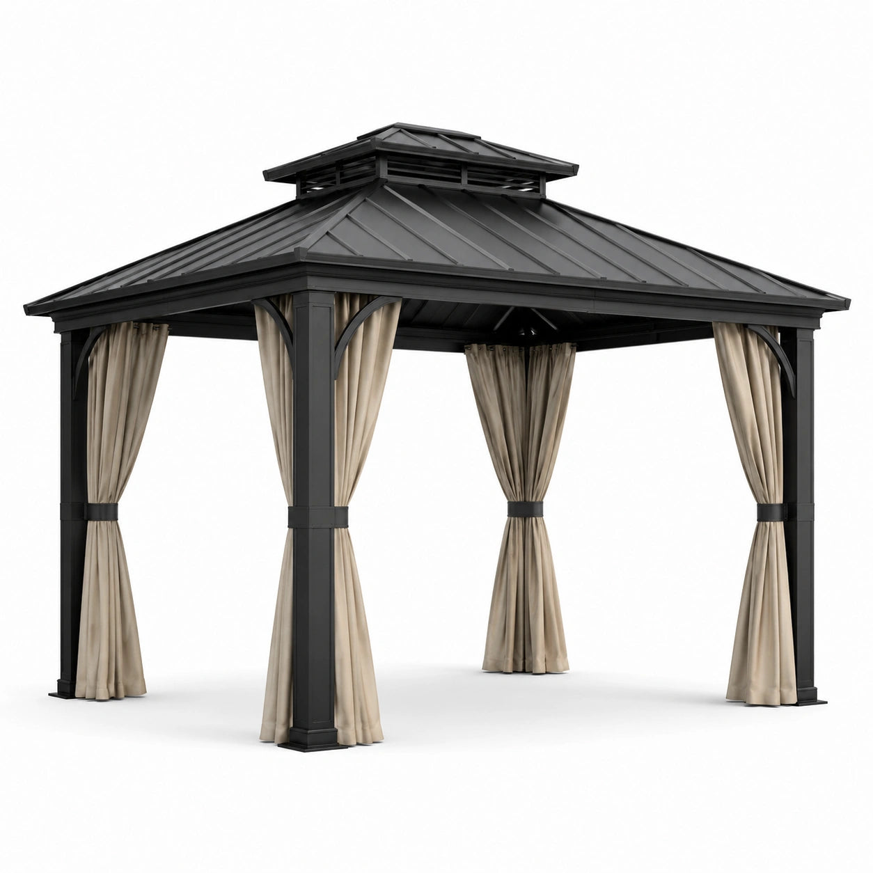Pavillon en aluminium avec toit en acier et rideaux en polyester beige