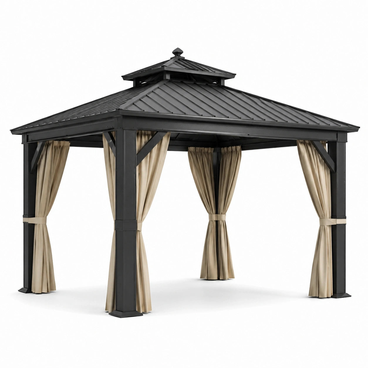 Tonnelle de jardin en aluminium noir avec rideaux en polyester beige 3x3m
