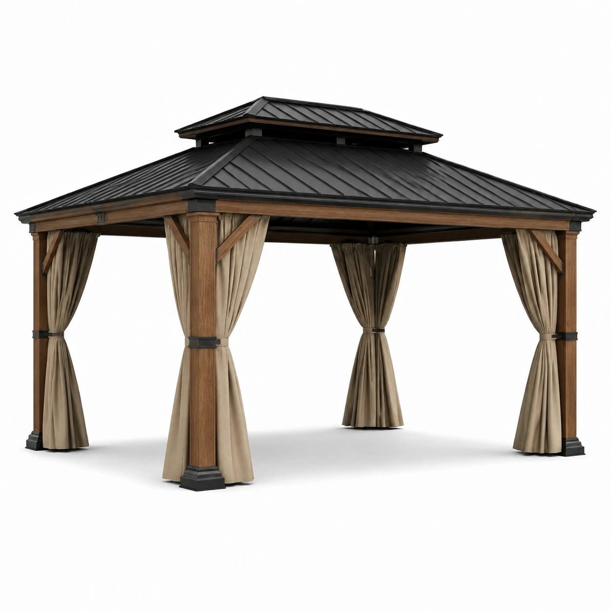 Pavillon de jardin en bois et métal avec rideaux beiges