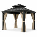 Pavillon de jardin en aluminium noir avec rideaux en polyester beige