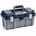 Caisse à outils en plastique gris et bleu avec poignées métalliques