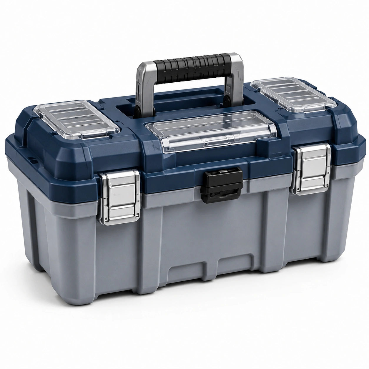 Caisse à outils en plastique gris et bleu avec poignées métalliques