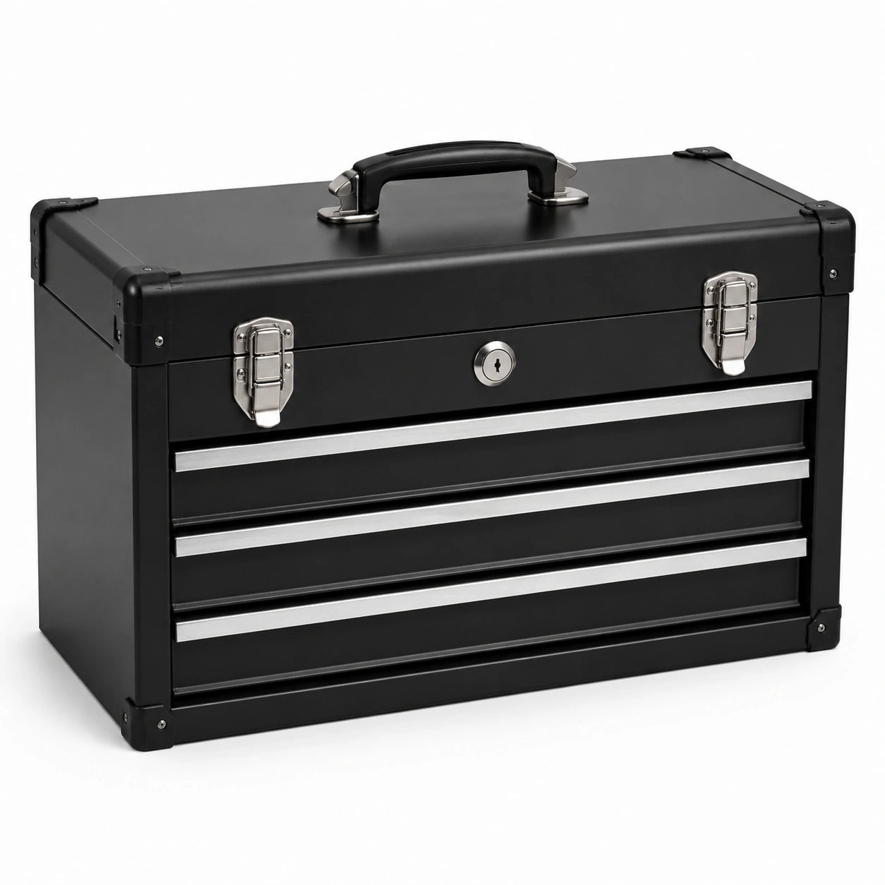 Boîte à outils métallique noire avec 3 tiroirs