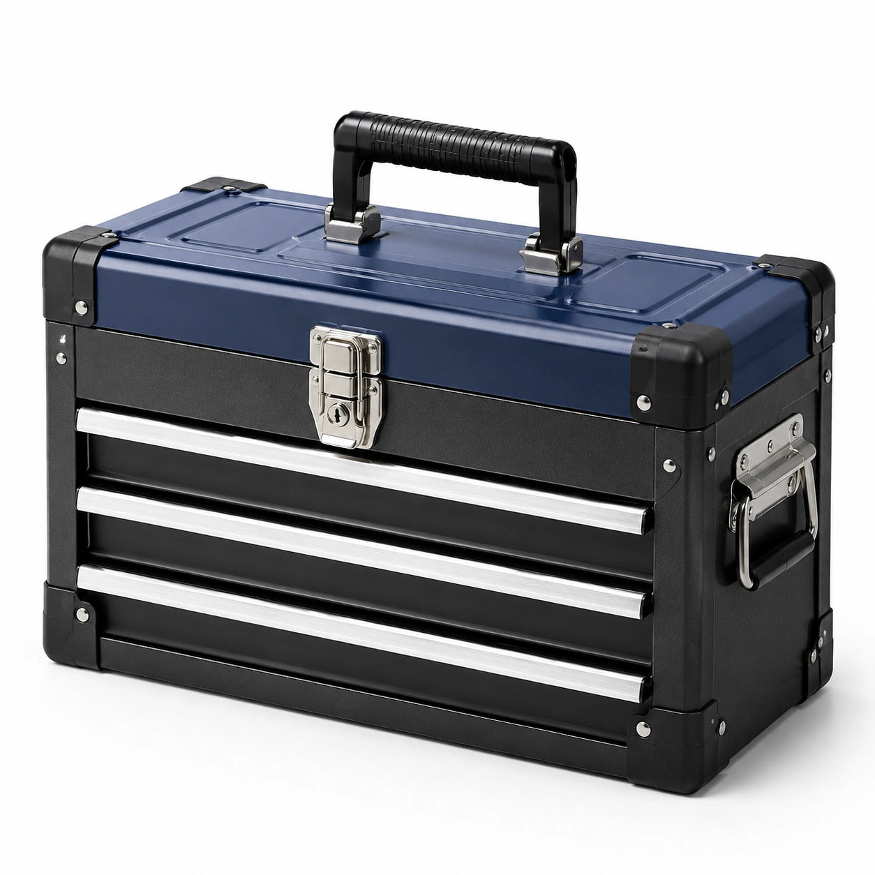 Caisse à outils en métal avec 3 tiroirs en acier carbone et ABS bleu/noir