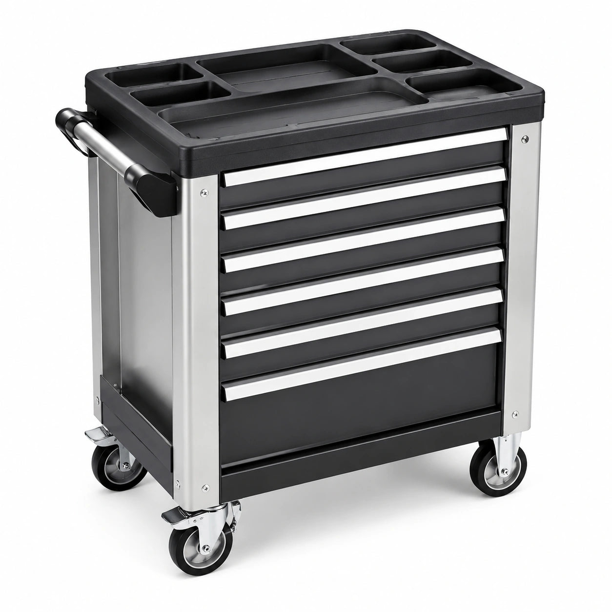 Chariot à outils en métal avec 7 tiroirs, noir et argent, roulettes