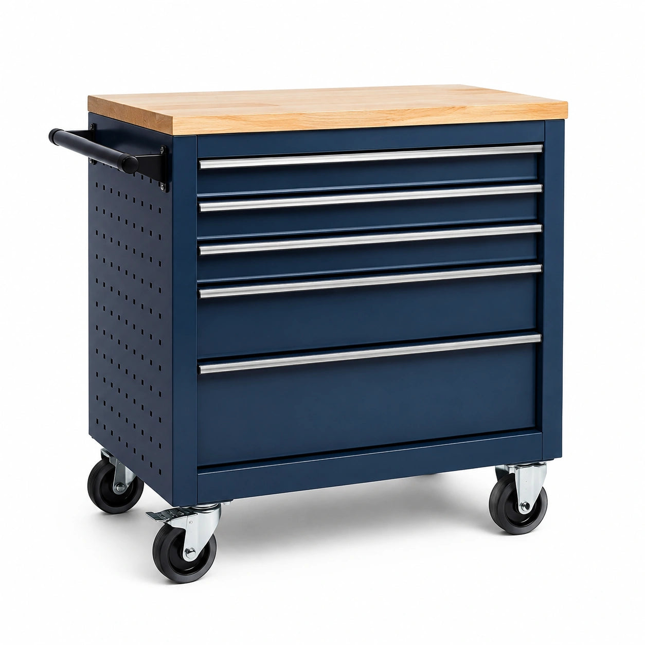 Chariot à outils en métal avec plateau en bois, 5 tiroirs, bleu