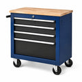 Chariot à outils en métal bleu avec 4 tiroirs et plateau en bois