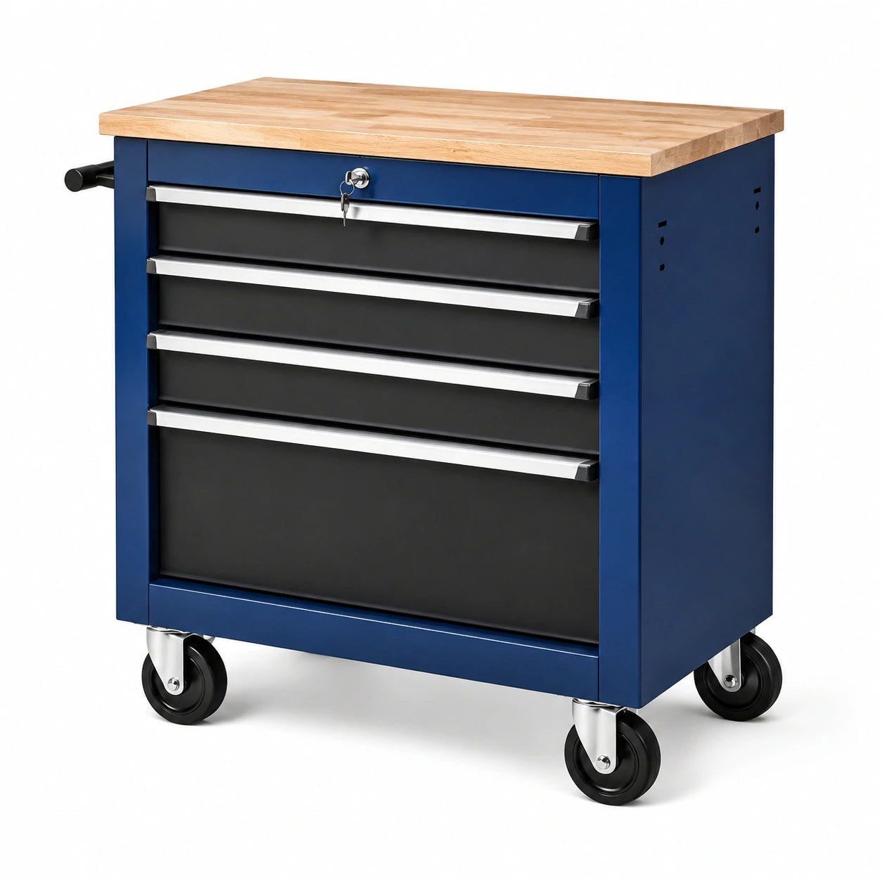 Chariot à outils en métal bleu avec 4 tiroirs et plateau en bois
