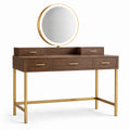 Coiffeuse en bois de noyer avec miroir LED et pieds en métal doré