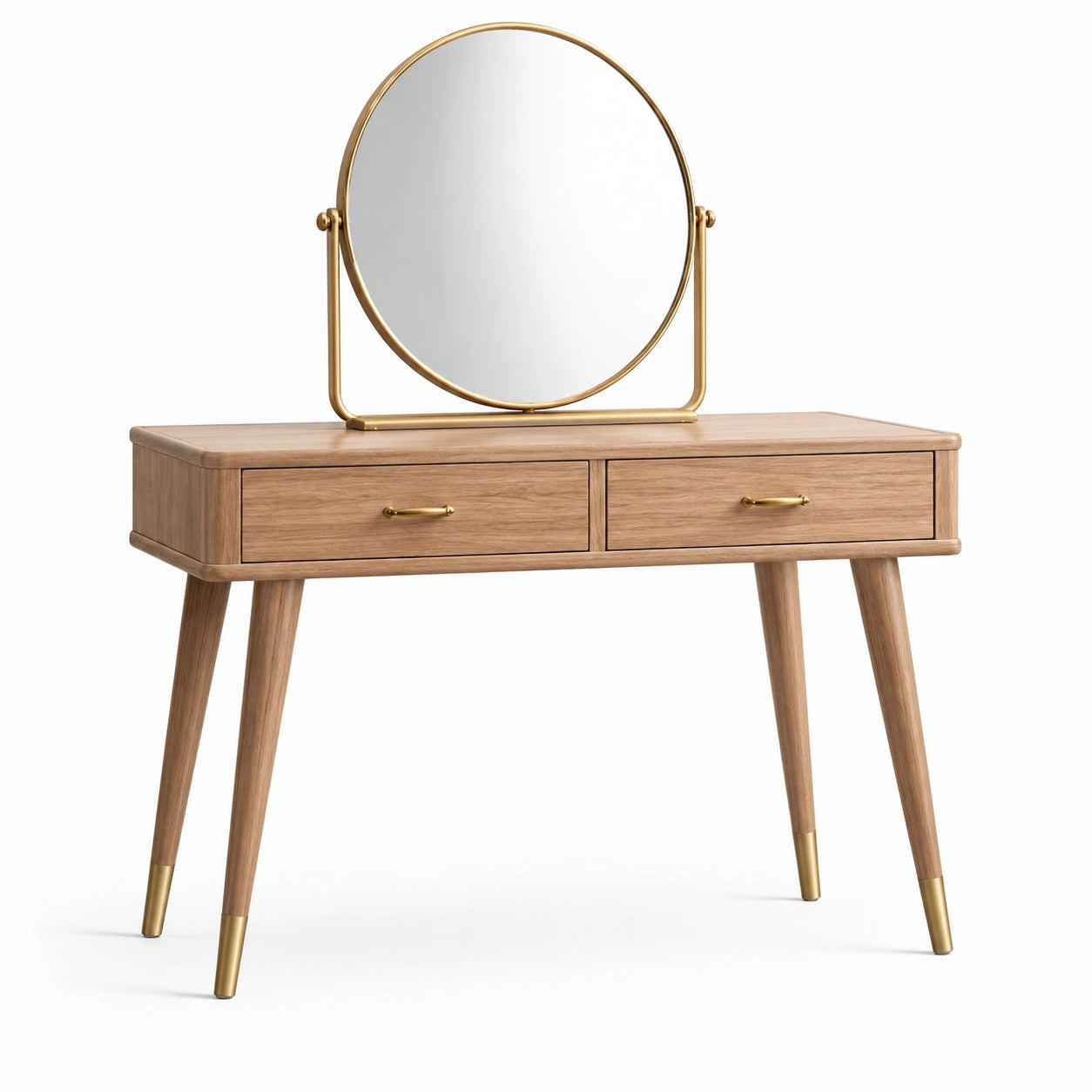 Coiffeuse en bois de chêne avec miroir rond doré