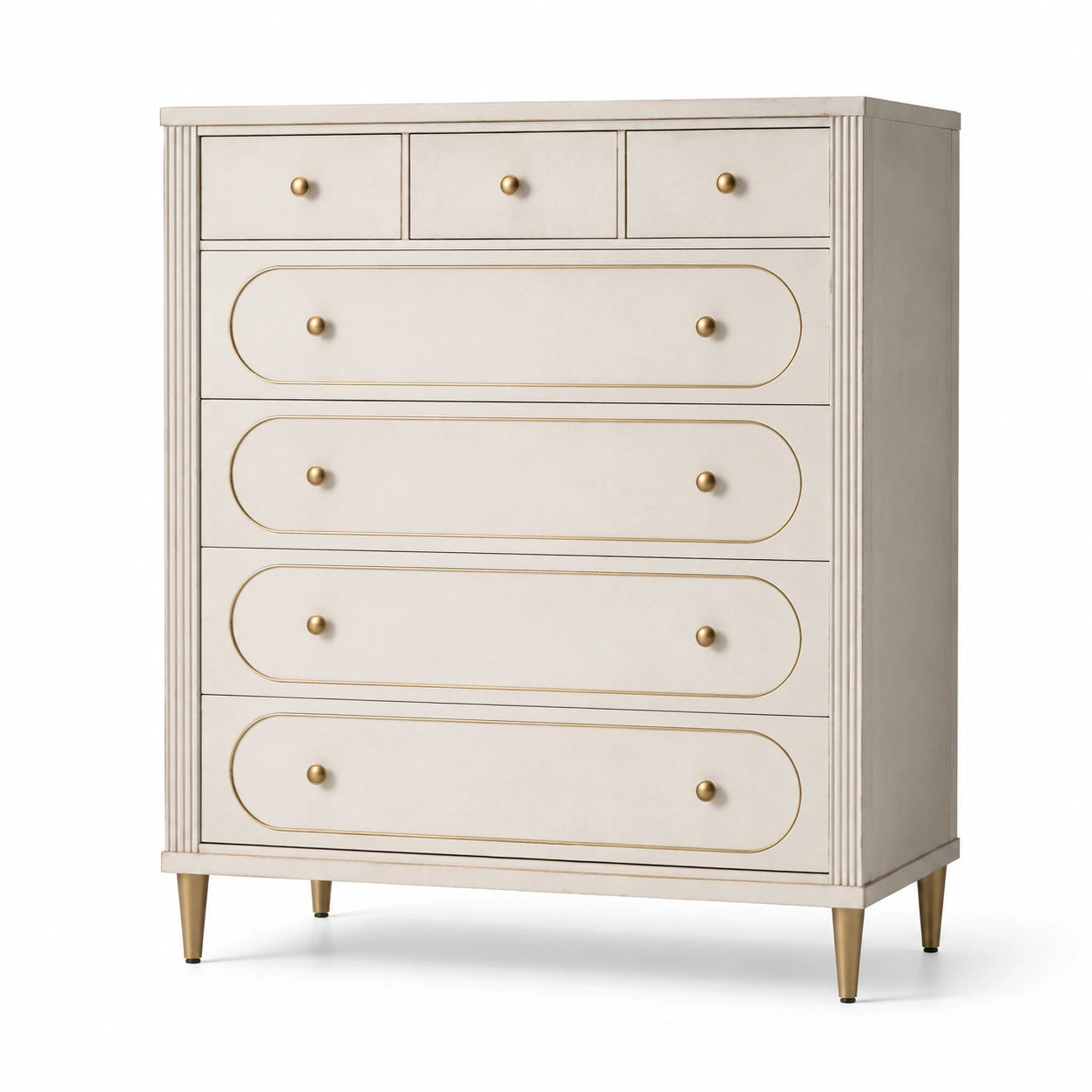 Commode en bois avec poignées dorées et pieds en métal