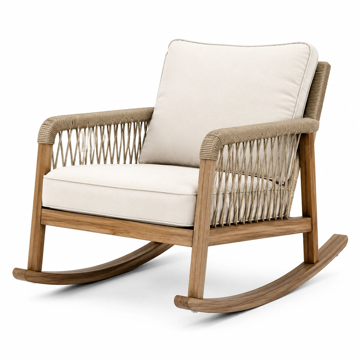 Fauteuil à bascule en bois d'acacia et corde beige