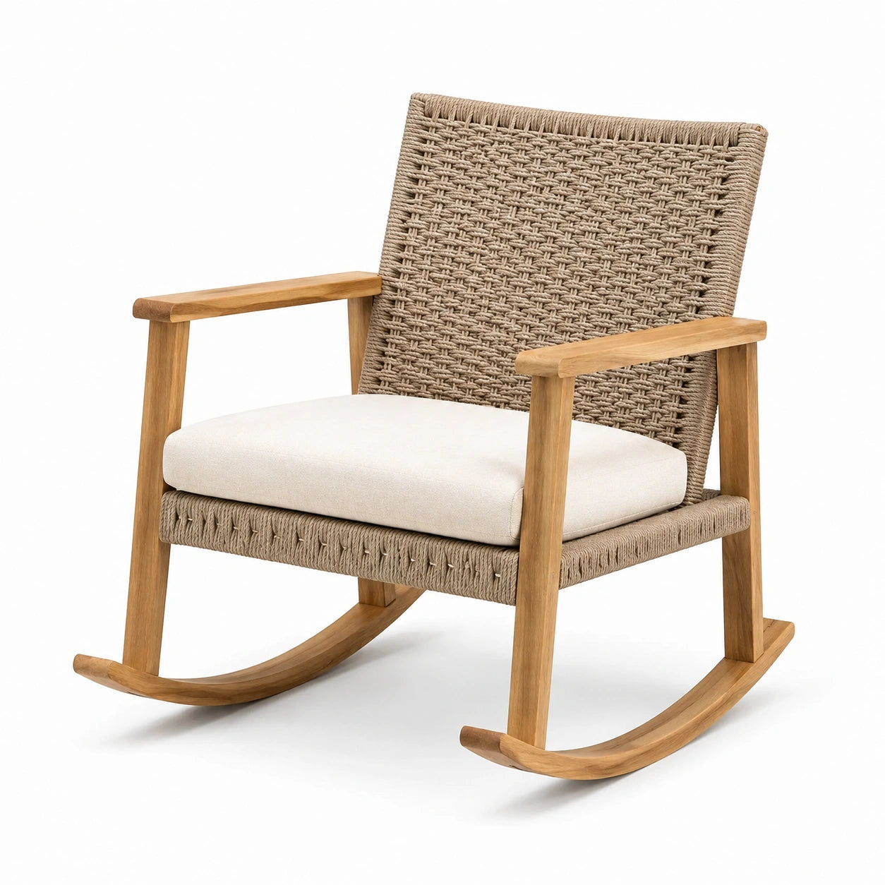 Chaise berçante en teck et corde avec coussin en polyuréthane beige