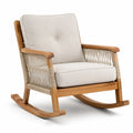 Fauteuil à bascule en bois de teck avec coussins en lin beige