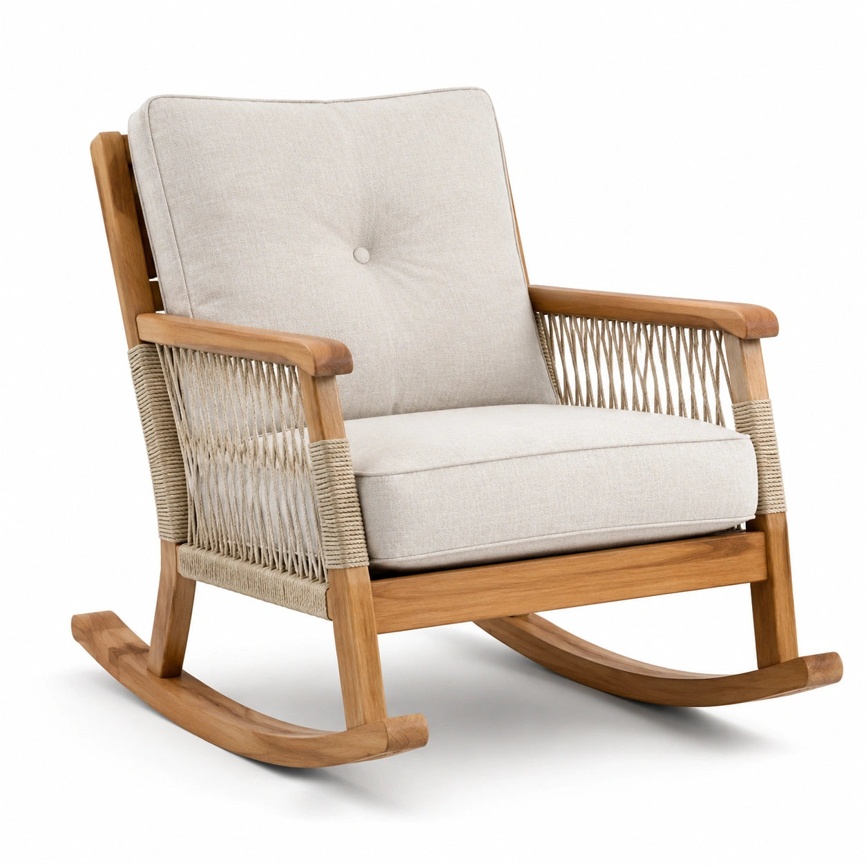 Fauteuil à bascule en bois de teck avec coussins en lin beige