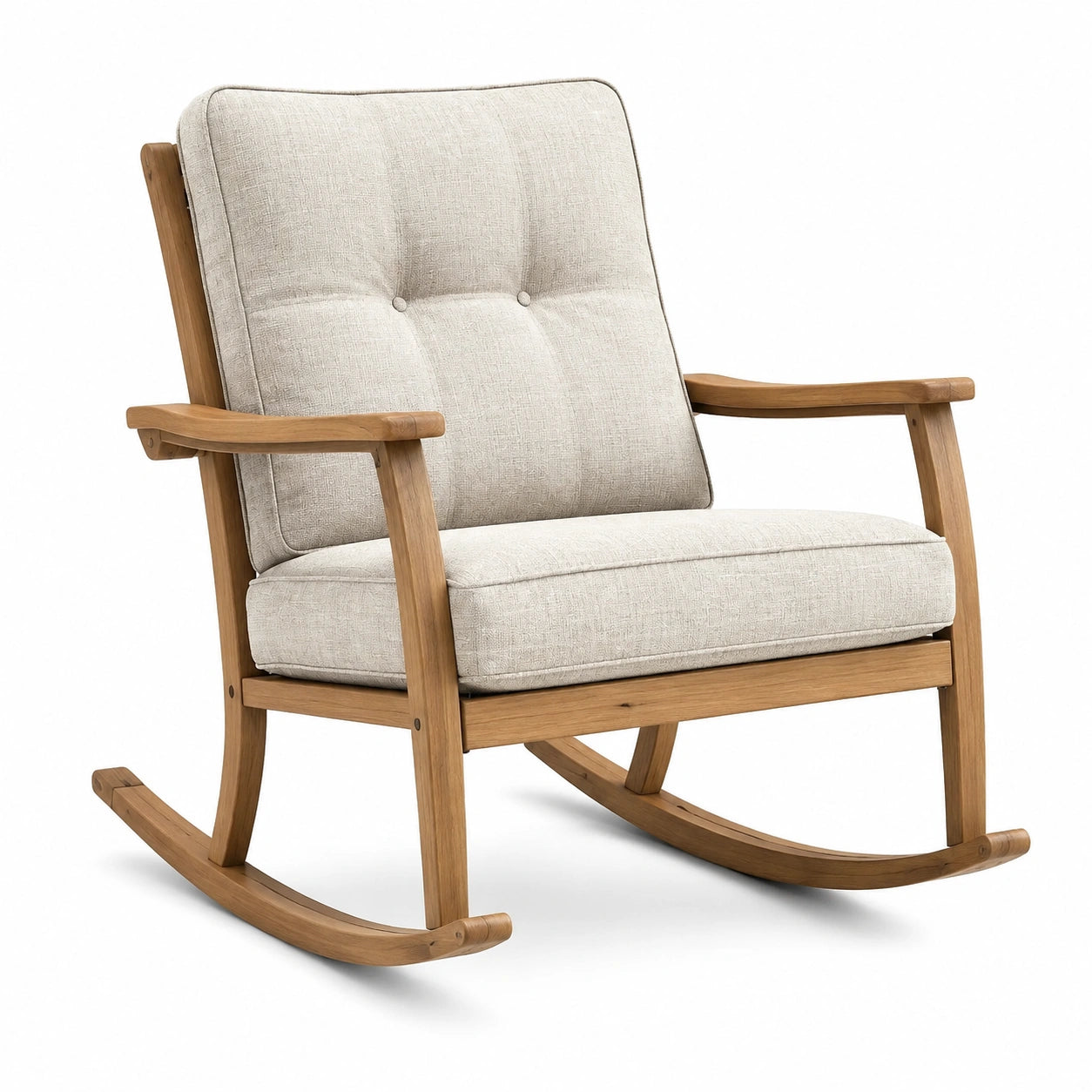 Fauteuil à bascule en bois avec coussins en lin beige